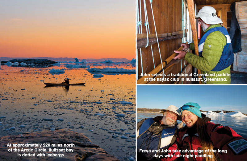 sunset over an iceburg dotted bay in ilulissat, traditional greenland paddles at the kayak club and late night on the water selfie
